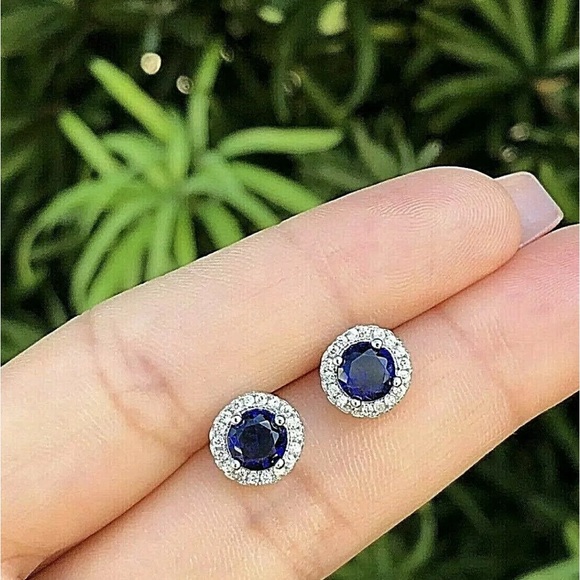 Jewelry - 2 Ct Round Lab Created Blue & White Sapphire Halo Stud Earrings 6mm Push Back